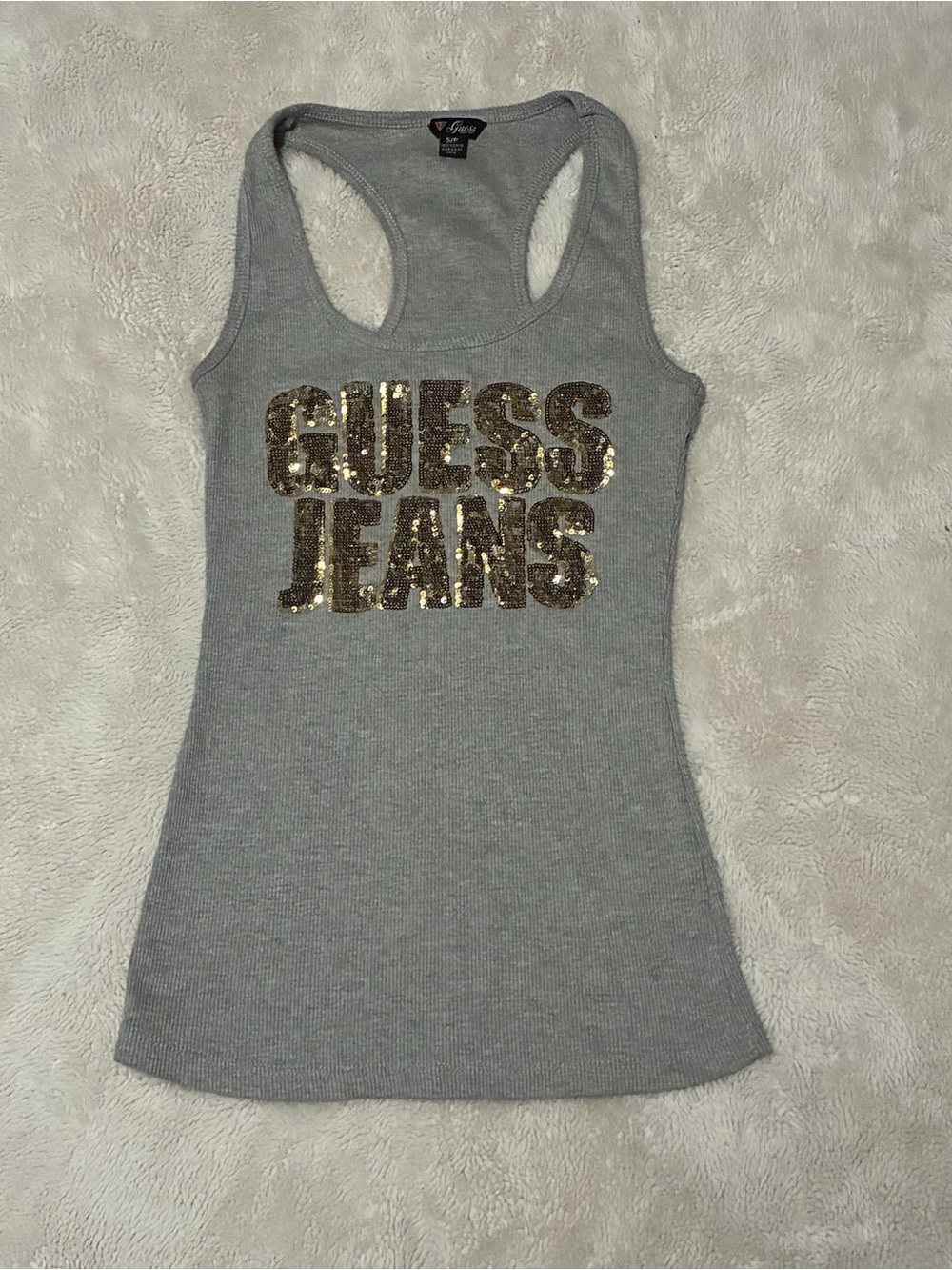 Guess Gray Racerback Tank with Gold Sequin Logo